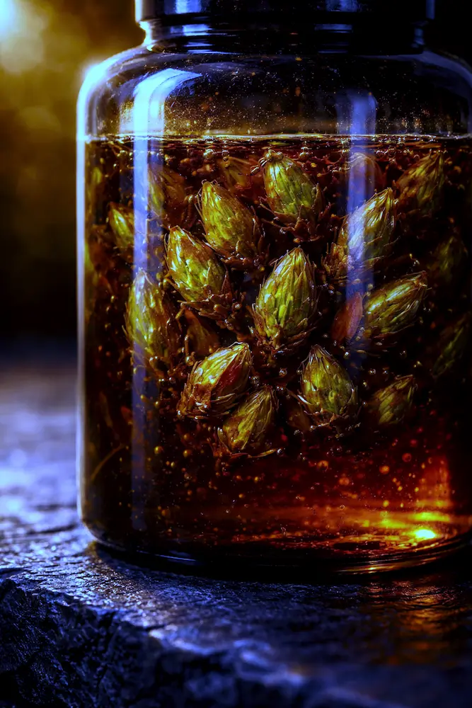 Photo of Gemmotherapy macérat mère in progress — 21-day triple-solvent maceration with fresh bud material at Herbolistique premium concentration