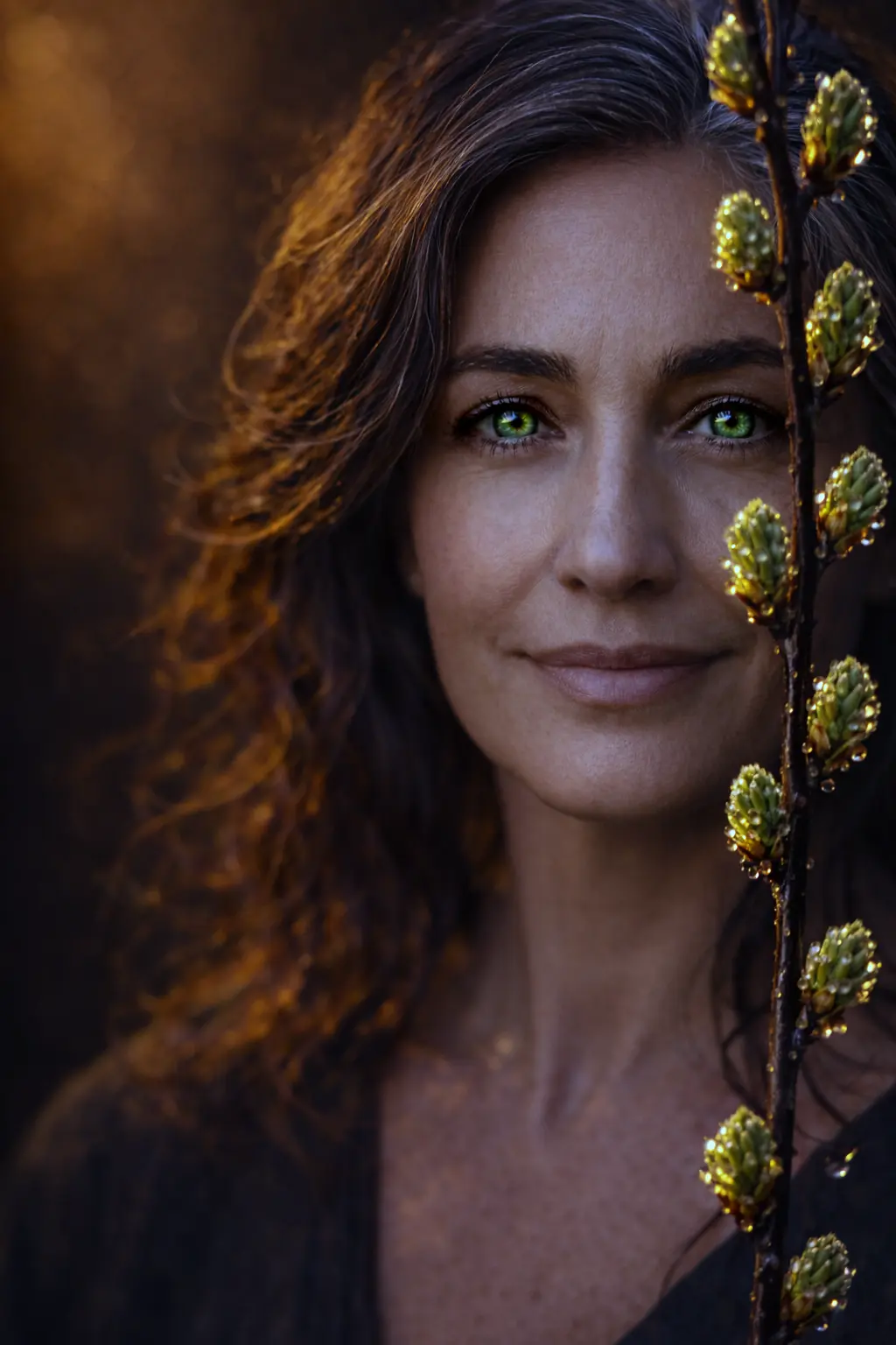 Gemmotherapy anti-aging portrait of a Mediterranean woman in her early 50s, olive skin, natural brown hair with silver highlights, green eyes, golden botanical buds branch