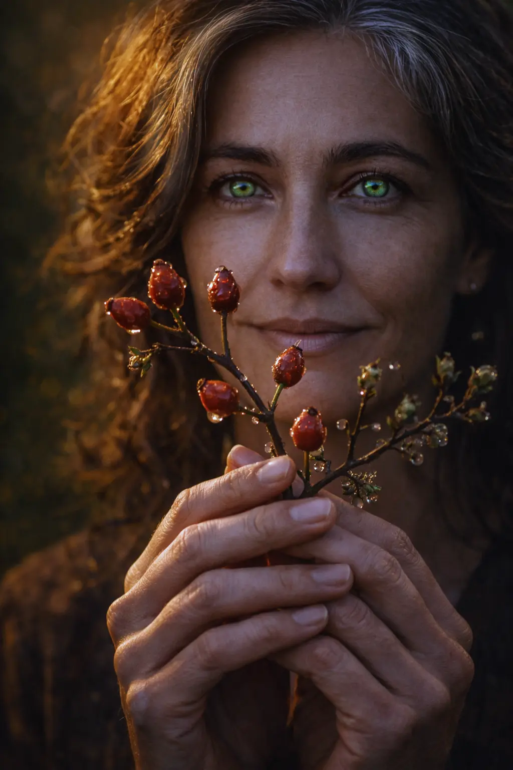 Photo of Mediterranean woman in her early 50s, olive skin, natural brown hair with silver highlights, green eyes. She holds both hands gently around a rosehip branch with red berries and small buds