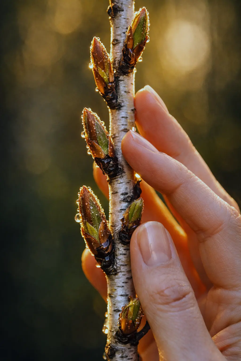 Photo of Almond buds (Prunus amygdalus) partially opening to reveal translucent pale pink petals