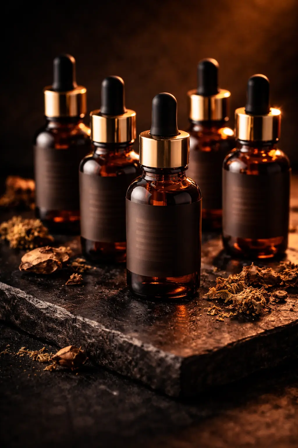 Photo of Five dark amber glass dropper bottles