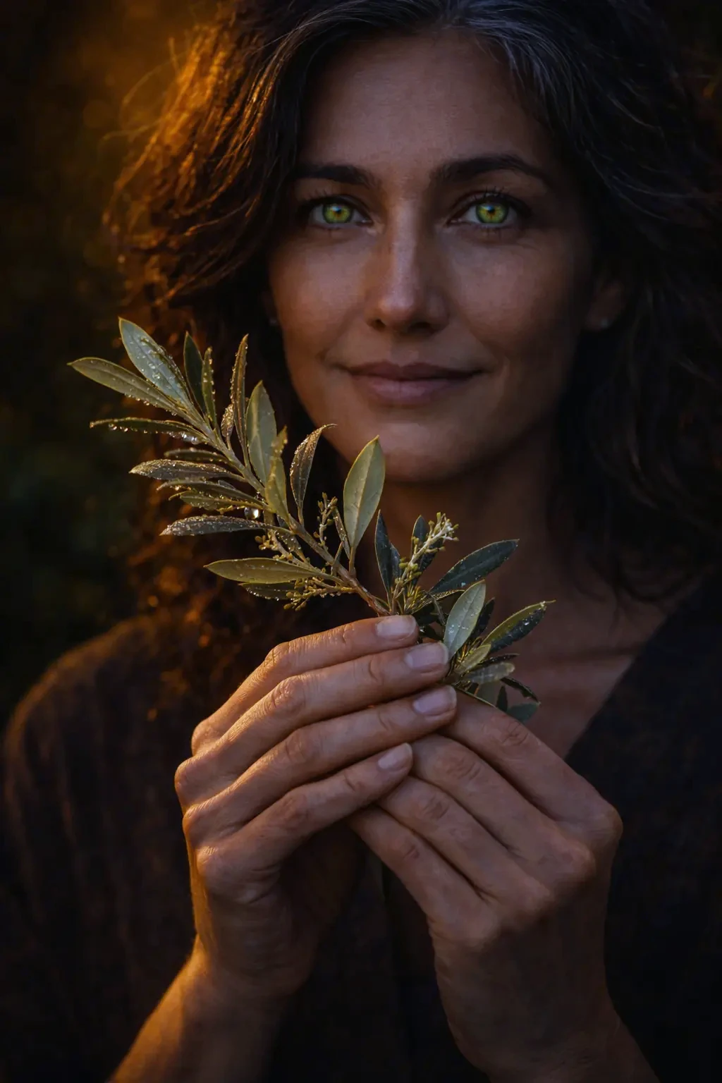 A Mediterranean woman in her early 50s holding an olive branch, used in gemmotherapy to support insulin sensitivity and glucose metabolism.